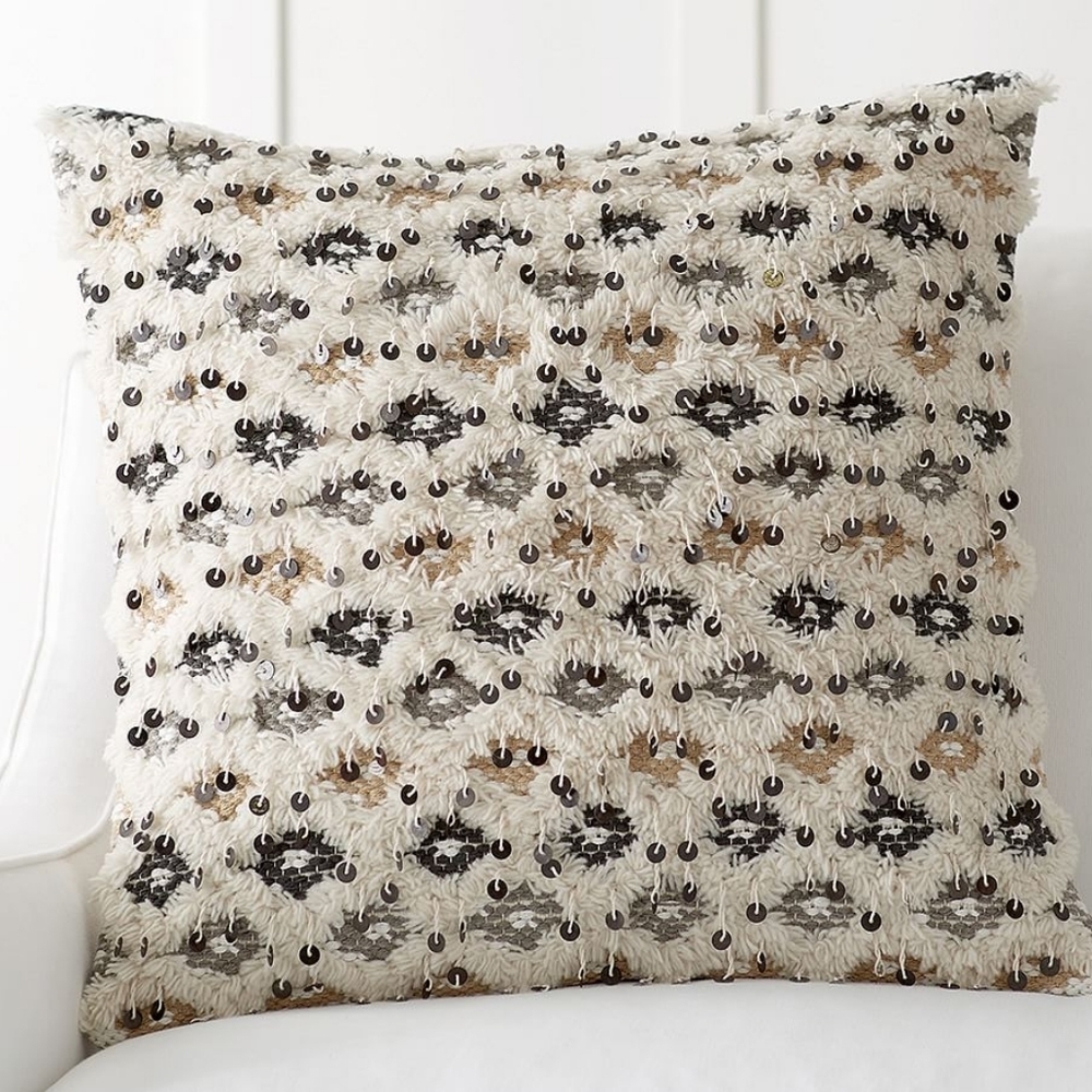 Pottery Barn Elodie Moroccan Pillow Cover 24" Sequin & Fringe Wool/Cotton Blend